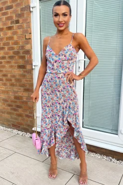 Blue Floral Frill Hem Strappy Midi Dress