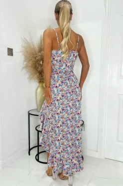 Blue Floral Frill Hem Strappy Midi Dress