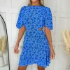 Blue Floral Printed Cut Out Round Neck Mini Dress