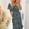 Blue Floral Printed Flutter Sleeve Midi Smock Dress