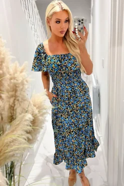 Blue Floral Printed Flutter Sleeve Midi Smock Dress