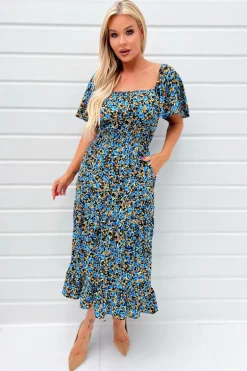 Blue Floral Printed Flutter Sleeve Midi Smock Dress