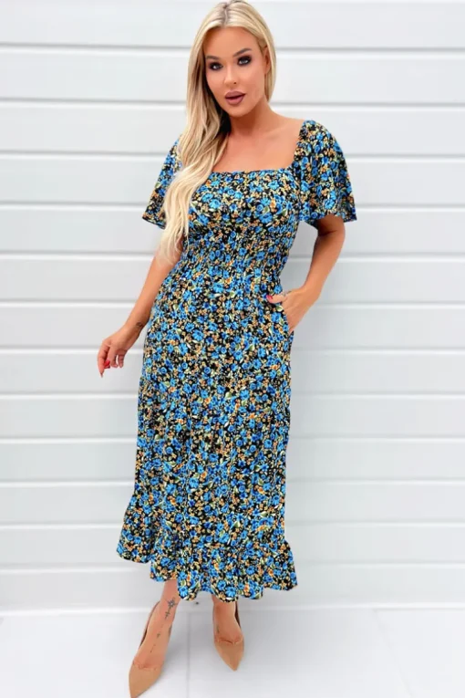 Blue Floral Printed Flutter Sleeve Midi Smock Dress