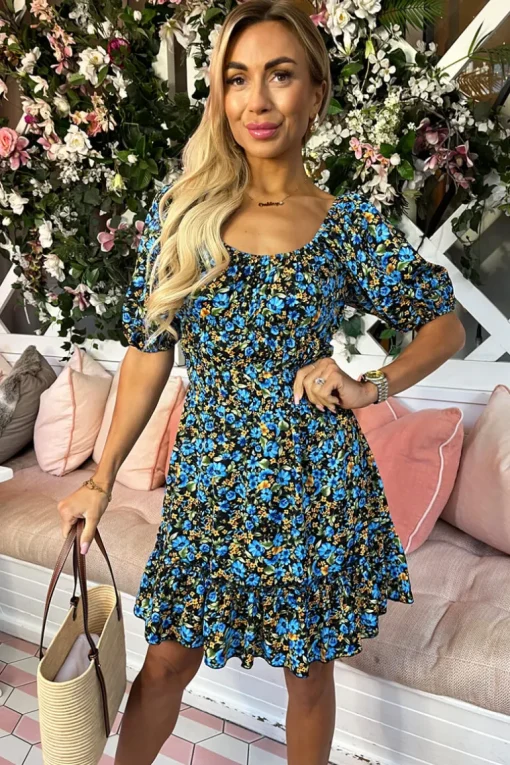Blue Floral Printed Puff Sleeve Frill Hem Mini Dress