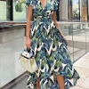 Blue Leaf Print Short Sleeve Belted Wrap Midi Dress