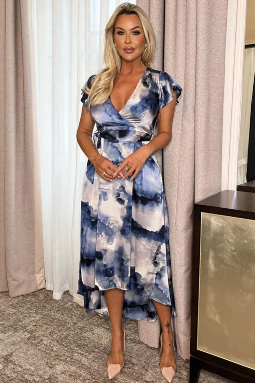 Blue Marble Print Short Sleeve Belted Wrap Midi Dress