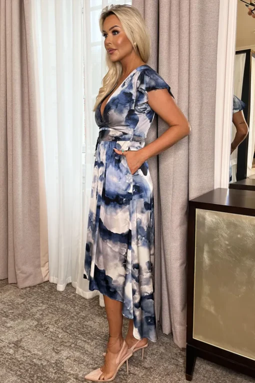 Blue Marble Print Short Sleeve Belted Wrap Midi Dress