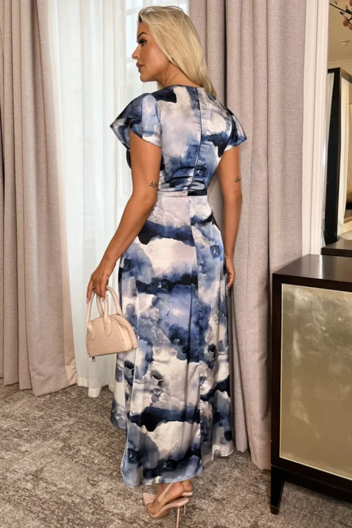 Blue Marble Print Short Sleeve Belted Wrap Midi Dress