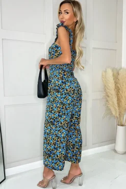 Blue Multi Floral Printed Frill Straps Jumpsuit