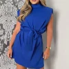 Blue Padded Shoulder Belted Mini Dress