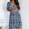 Blue Printed Wrap Tie Midi Dress