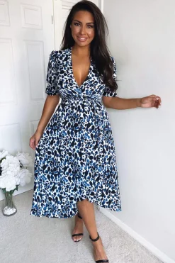 Blue Printed Wrap Tie Midi Dress