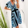 Blue Scarf Printed Short Sleeve Wrap Midi Dress