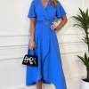 Blue Short Sleeve Belted Wrap Midi Dress