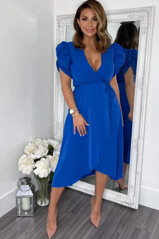 Blue Wrap Over Tie Midi Dress