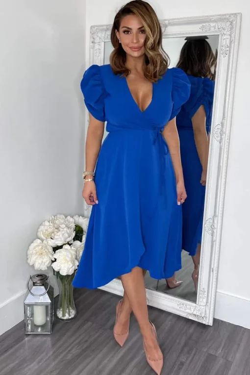 Blue Wrap Over Tie Midi Dress