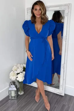 Blue Wrap Over Tie Midi Dress