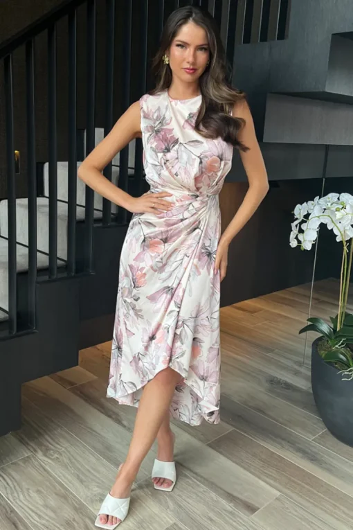 Blush Floral Print Gathered Midi Dress With Shoulder Pads