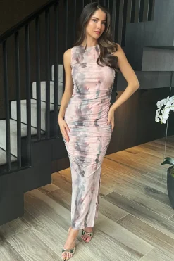 Blush Marble Print Mesh Overlay Bodycon Midi Dress