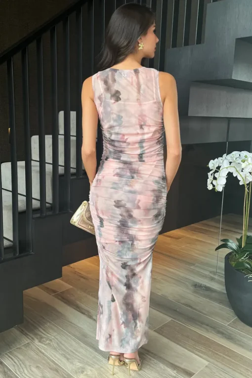 Blush Marble Print Mesh Overlay Bodycon Midi Dress