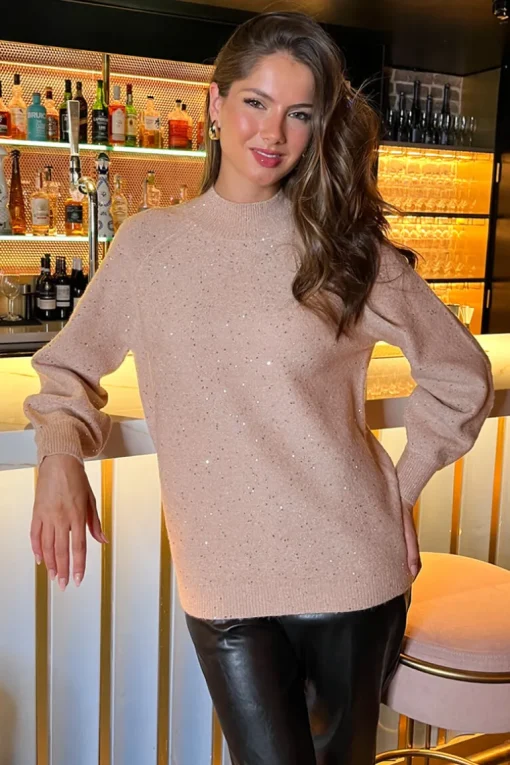 Blush Sequin Detail Mock Neck Jumper