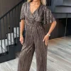 Bronze Plisse Buckle Detail Wrap Jumpsuit