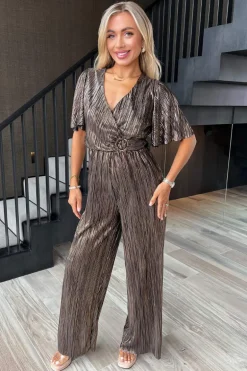 Bronze Plisse Buckle Detail Wrap Jumpsuit