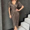 Bronze Plisse Buckle Detail Wrap Midi Dress