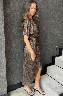 Bronze Plisse Buckle Detail Wrap Midi Dress