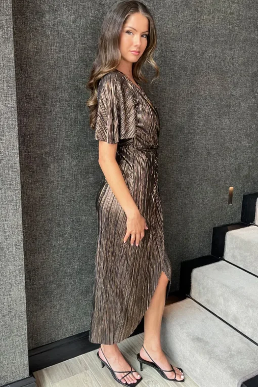 Bronze Plisse Buckle Detail Wrap Midi Dress