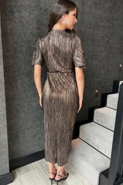 Bronze Plisse Buckle Detail Wrap Midi Dress