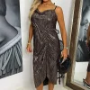 Bronze Plisse Strappy Cowl Neck Gathered Skirt Midi Dress