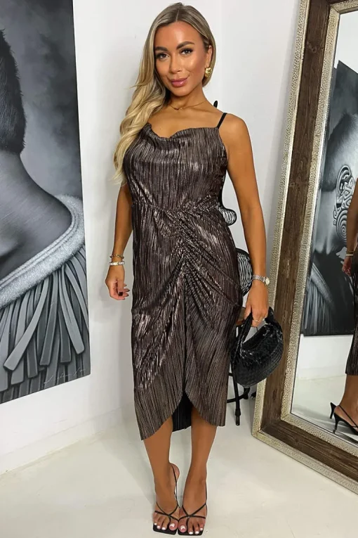 Bronze Plisse Strappy Cowl Neck Gathered Skirt Midi Dress