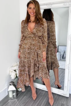 Brown And Cream Printed V-Neck Long Sleeve Midi Dress
