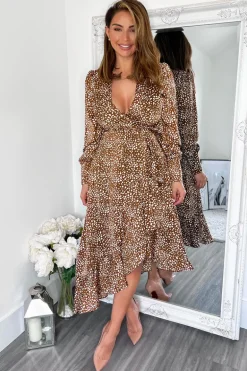 Brown And Cream Printed V-Neck Long Sleeve Midi Dress