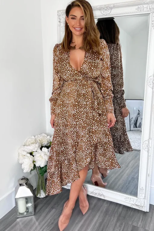 Brown And Cream Printed V-Neck Long Sleeve Midi Dress