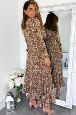 Brown And Cream Printed V-Neck Long Sleeve Midi Dress
