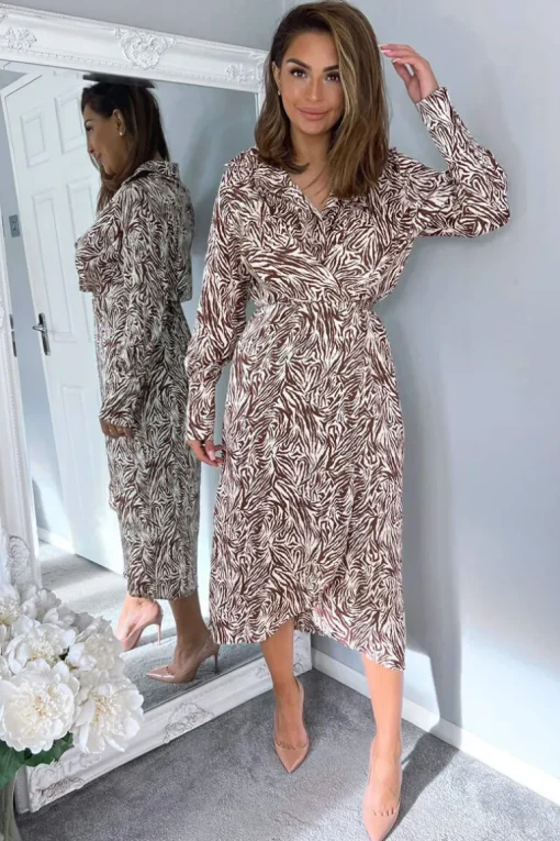 Brown Animal Print Wrap Over Midi Dress