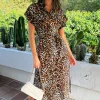 Brown Cheetah Print Short Sleeve Midi Shirt Dress