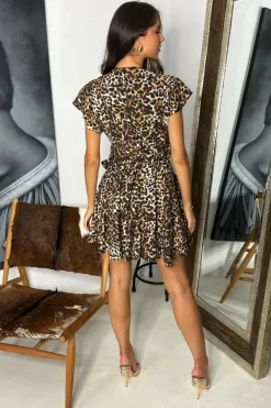 Brown Cheetah Print Wrap Top Tie Waist Skater Mini Dress