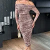 Brown Leopard Print Long Sleeve Bardot Ruched Mesh Midi Dress