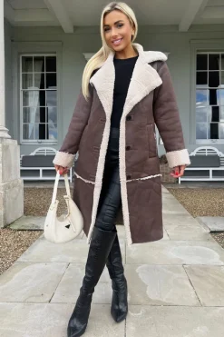 Brown Longline Faux Shearling Coat