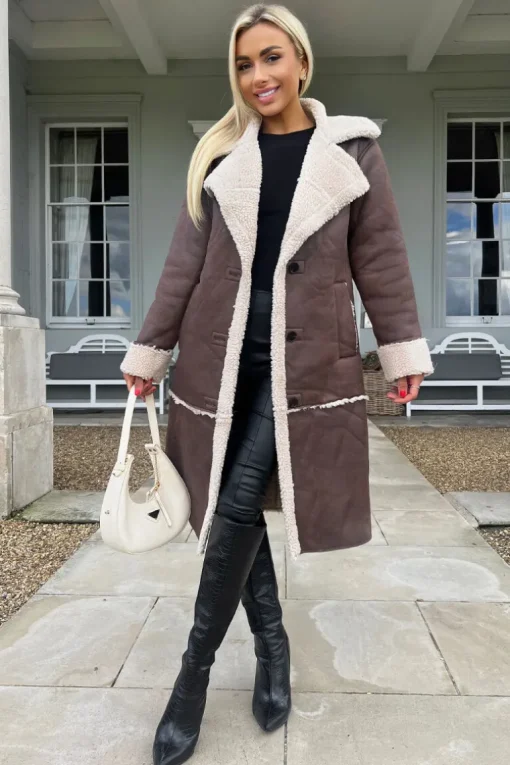 Brown Longline Faux Shearling Coat