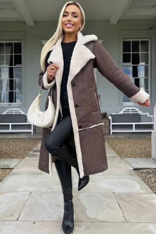 Brown Longline Faux Shearling Coat