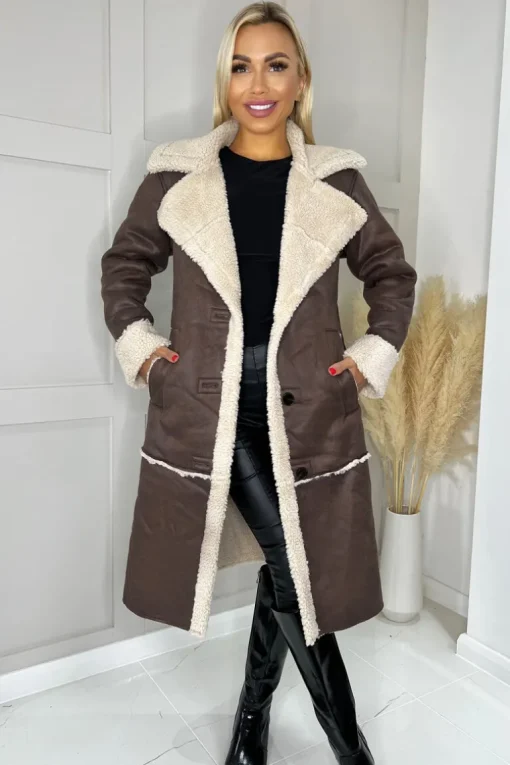 Brown Longline Faux Shearling Coat