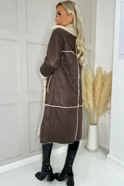 Brown Longline Faux Shearling Coat