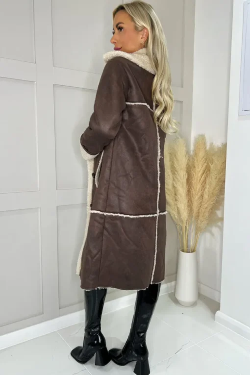 Brown Longline Faux Shearling Coat