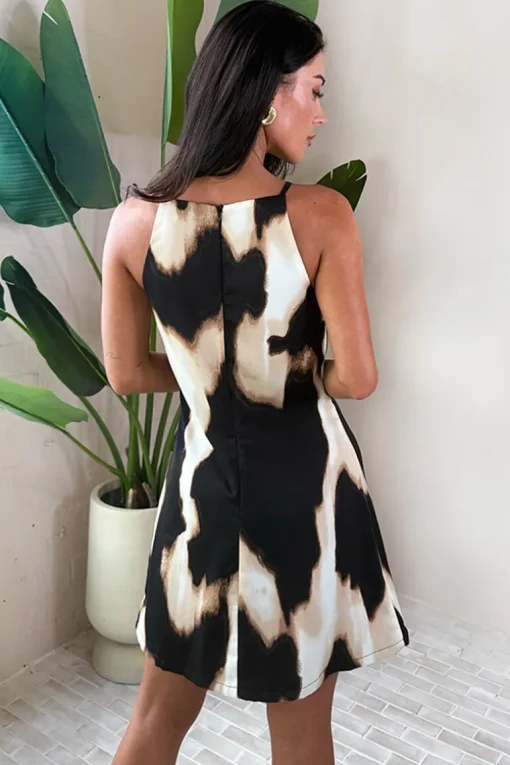 Brown Marble Print Racer Neck Slip Mini Dress