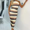 Brown Ombre Printed Mesh One Shoulder Bodycon Midi Dress