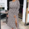 Brown Printed Long Sleeve Split Leg Midi Dress